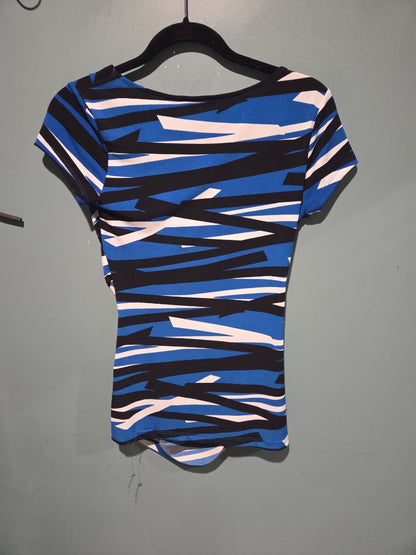 New York & Company Blue/Black/White Striped Top Xsmall
