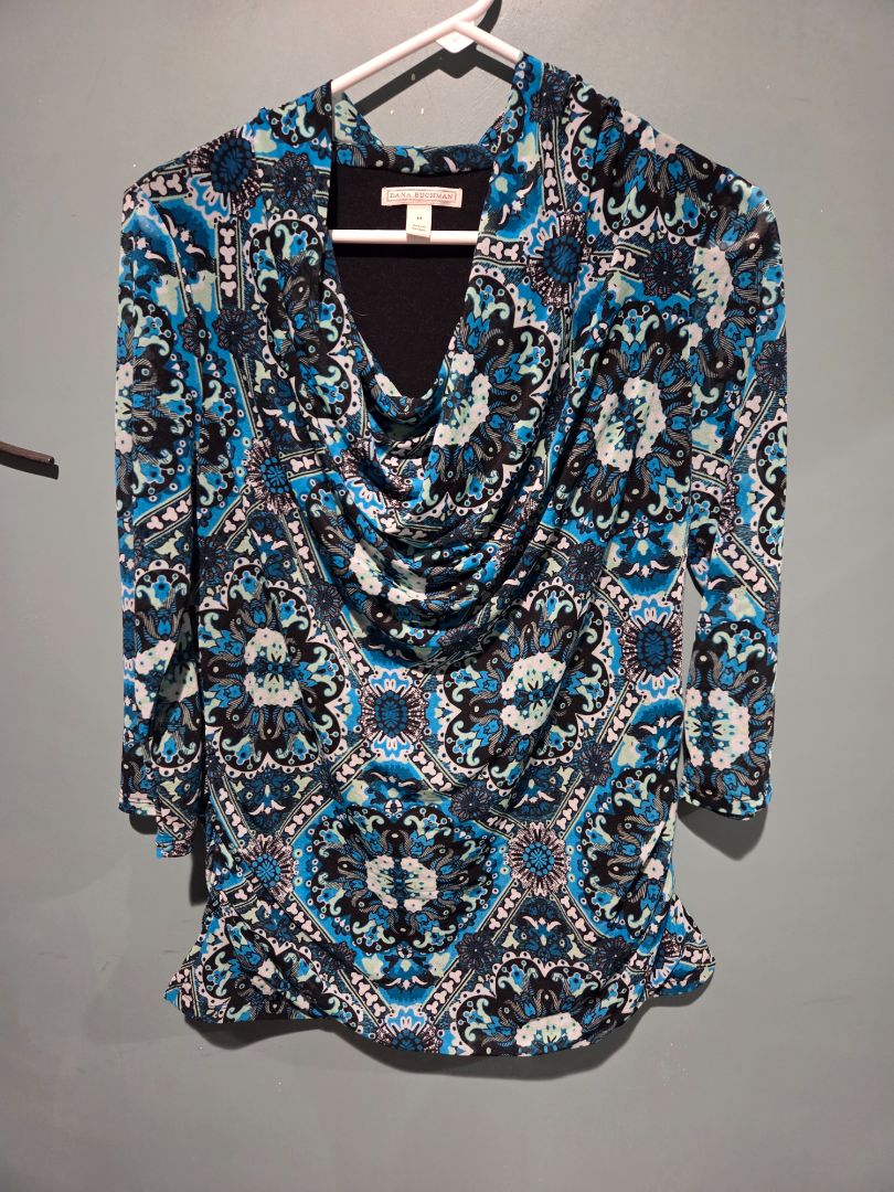 Dana Buchman Cowl Neck Blue/Teal/Black/White top Medium