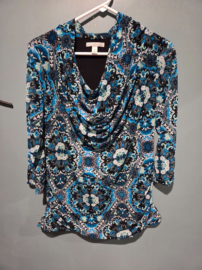 Dana Buchman Cowl Neck Blue/Teal/Black/White top Medium