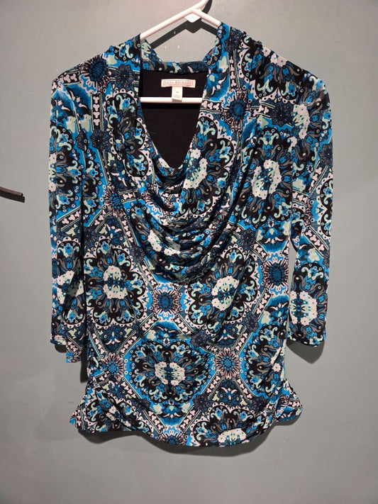 Dana Buchman Cowl Neck Blue/Teal/Black/White top Medium