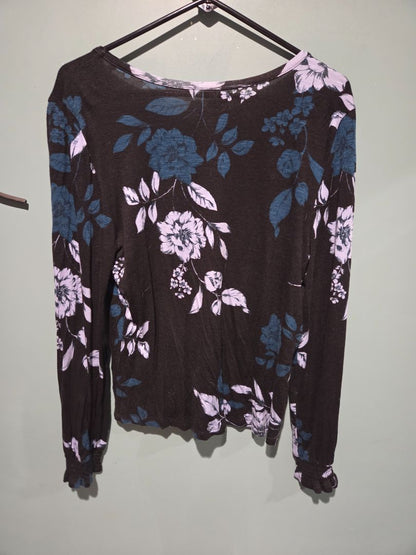 Maurices Long Sleeve Black/Green/Purple Flower Top Medium
