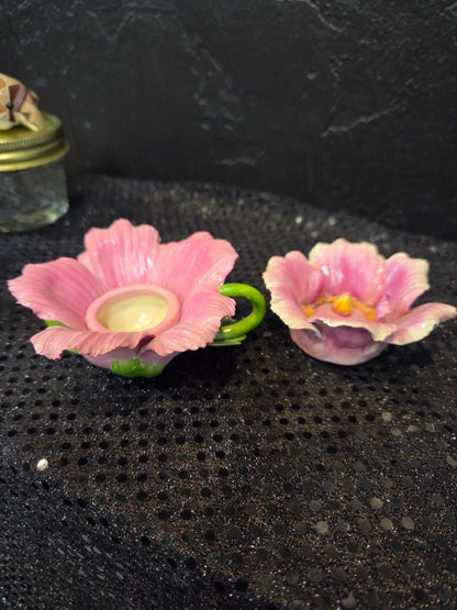 Vintage Porcelain Tea Pot shaped Tea Light Pink/Purple/Green
