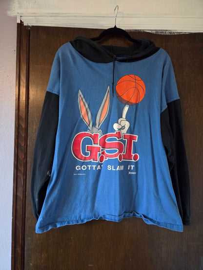 Vintage 1993 Jostens Sportswear Looney Tunes "GSI Gotta Slam It" Bugs Bunny basketball hooded long-sleeve t-shirt xl