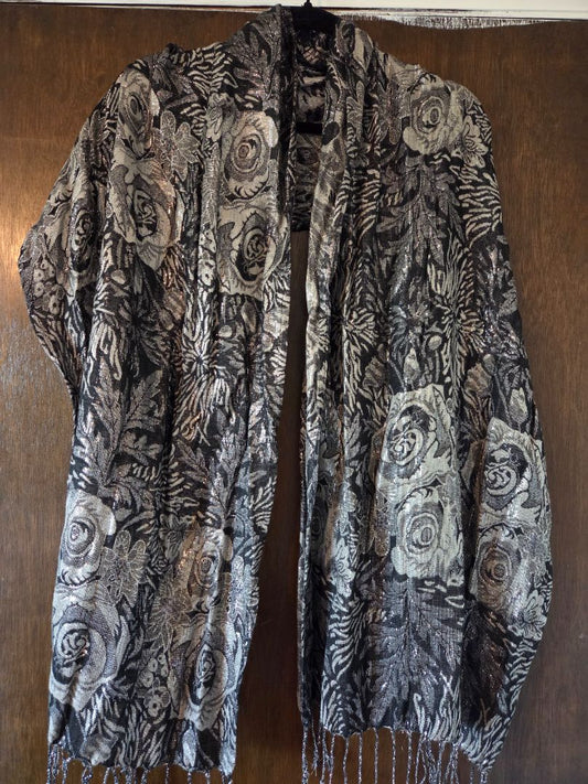 Silver-gray and black metallic floral jacquard scarf
