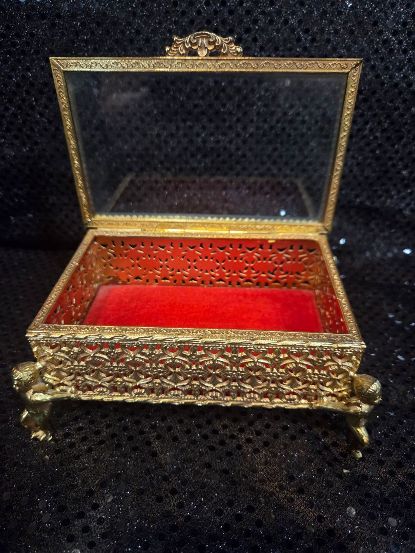Vintage Ormolu Jewelry Box Gold Filigree Beveled Glass Casket Footed Cherubs