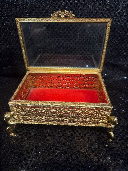 Vintage Ormolu Jewelry Box Gold Filigree Beveled Glass Casket Footed Cherubs