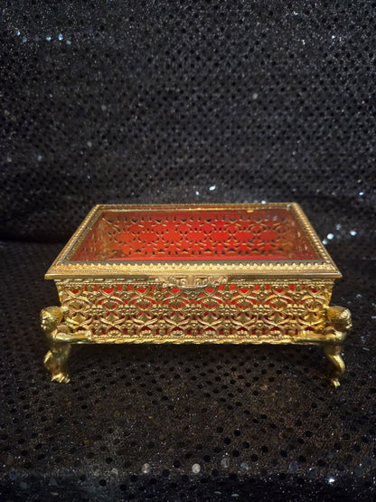 Vintage Ormolu Jewelry Box Gold Filigree Beveled Glass Casket Footed Cherubs
