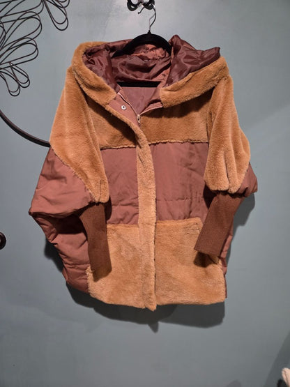 Women's Brown Knit Sleeve Patch Work Coat Large