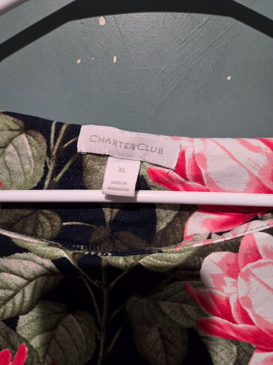 Charter Club Women's Tunic with Roses and Greens XL