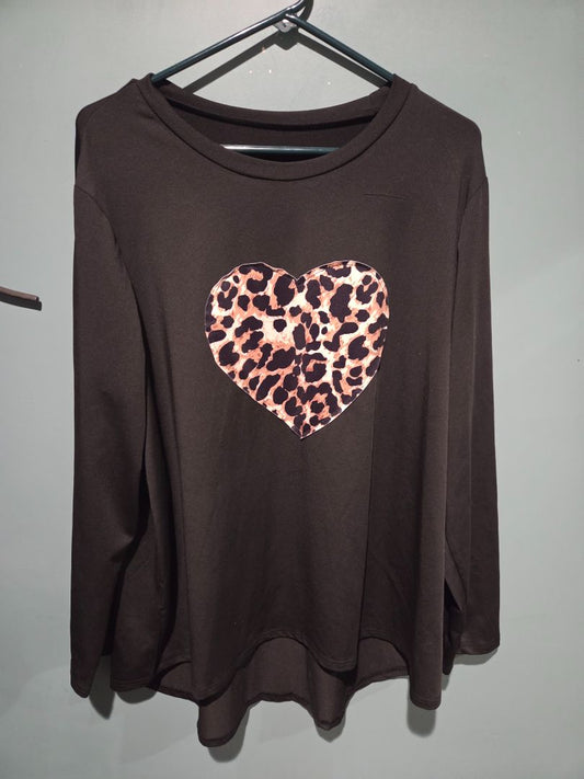 Black Long Sleeve Leopard Design Heart 2XL Top