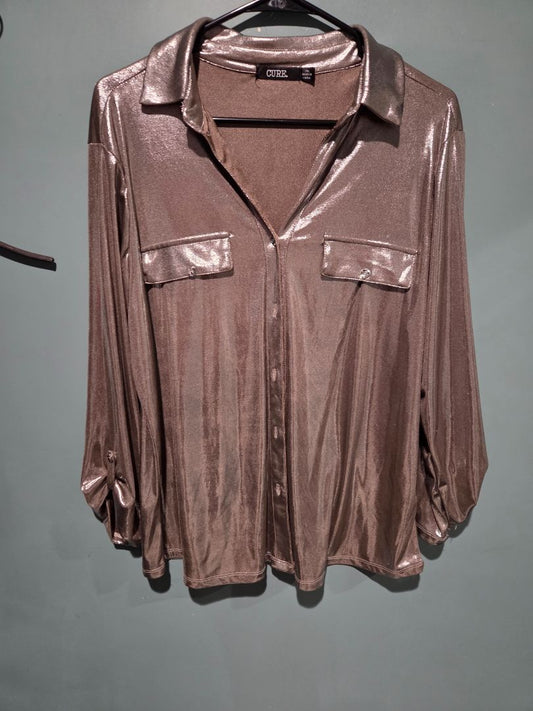 Cure Gold Metallic Long sleeve Button Down Top 1XL