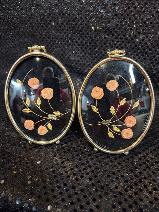 Vintage set of 2 Tri Color Metal Floral Dioramas Convex Bubble Glass Frame