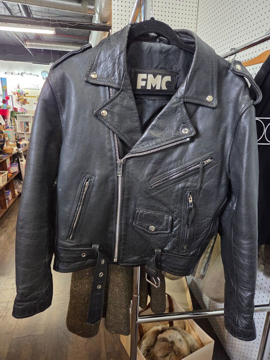 Vintage 90's FMC Genuine Leather Black and Silver Motorcycle jacket size 40