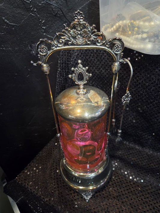 Late 1800 Victorian Reverse Thumbprint Cranberry Glass Pickle Castor