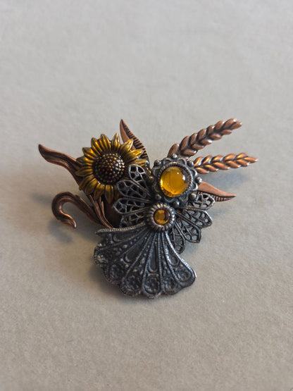 KC Bronze and Cooper Angel Brooch/Pin Fall Motif W/ Sunflower and Wheat Vintage