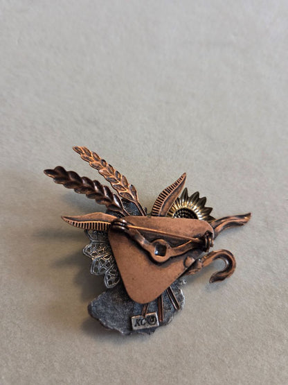 KC Bronze and Cooper Angel Brooch/Pin Fall Motif W/ Sunflower and Wheat Vintage