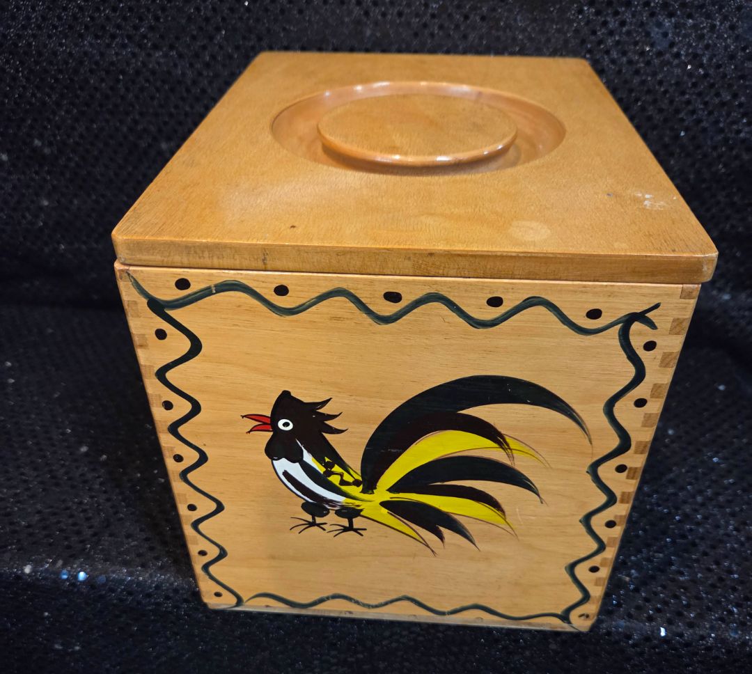 Wood Pecker Woodware Hand Painted Wooden Rooster Canister Box 1960's