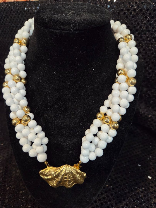 Vintage 5 Strand White beads with gold beads and Shell Clasp Necklace