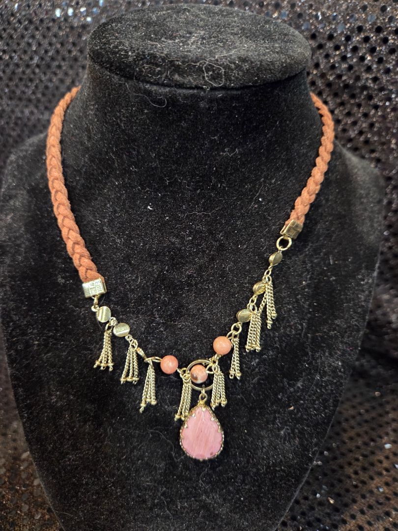 Boho Necklace with Pink Stones and Leather Strap