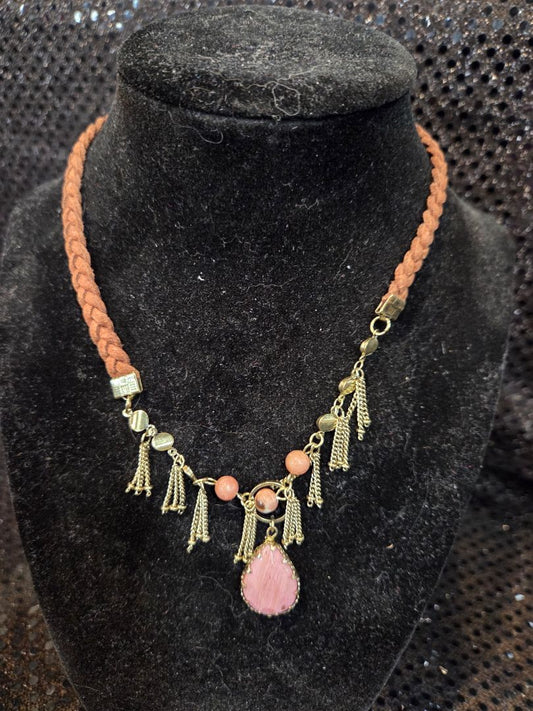Boho Necklace with Pink Stones and Leather Strap