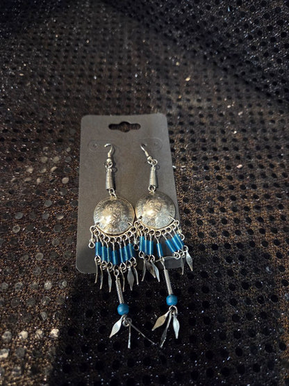 Southwestern Style Dangle Earrings featuring Coin and Turquoise colored beads