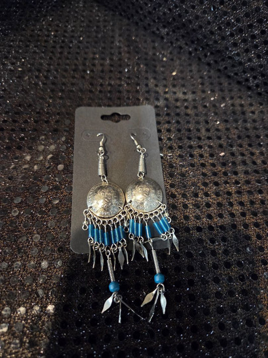 Southwestern Style Dangle Earrings featuring Coin and Turquoise colored beads