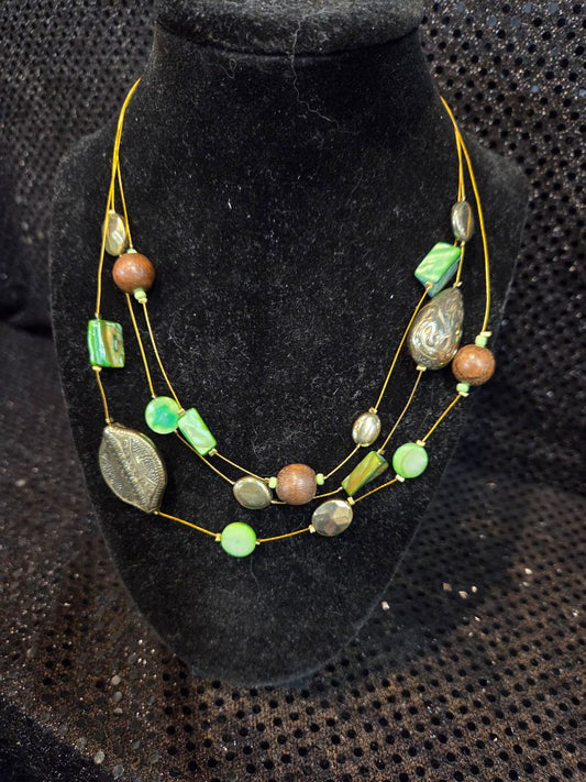Multi Strand Green/Gold/Wood Bead Necklace