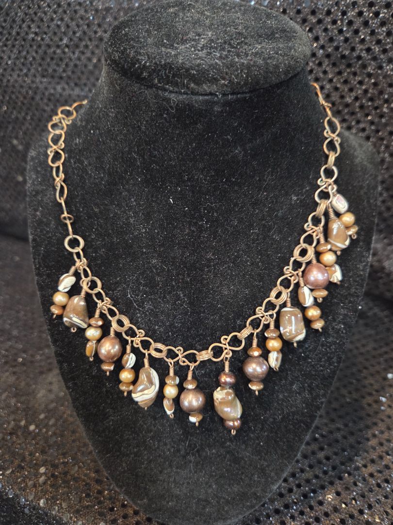 Copper Colored Hand Made Beaded Necklace w/Brown/White Stones