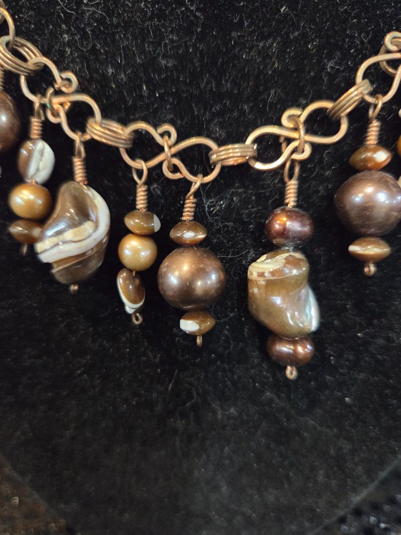 Copper Colored Hand Made Beaded Necklace w/Brown/White Stones