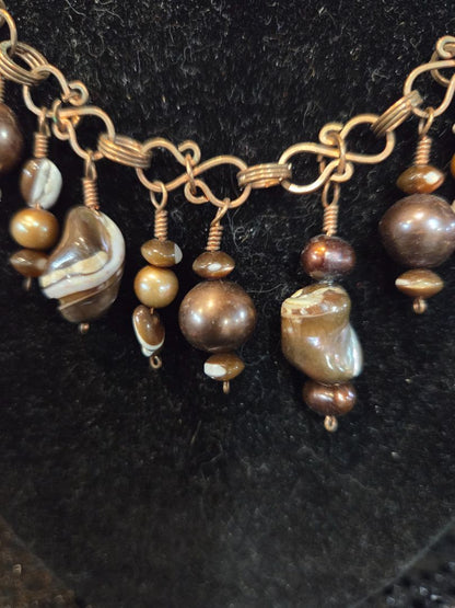 Copper Colored Hand Made Beaded Necklace w/Brown/White Stones