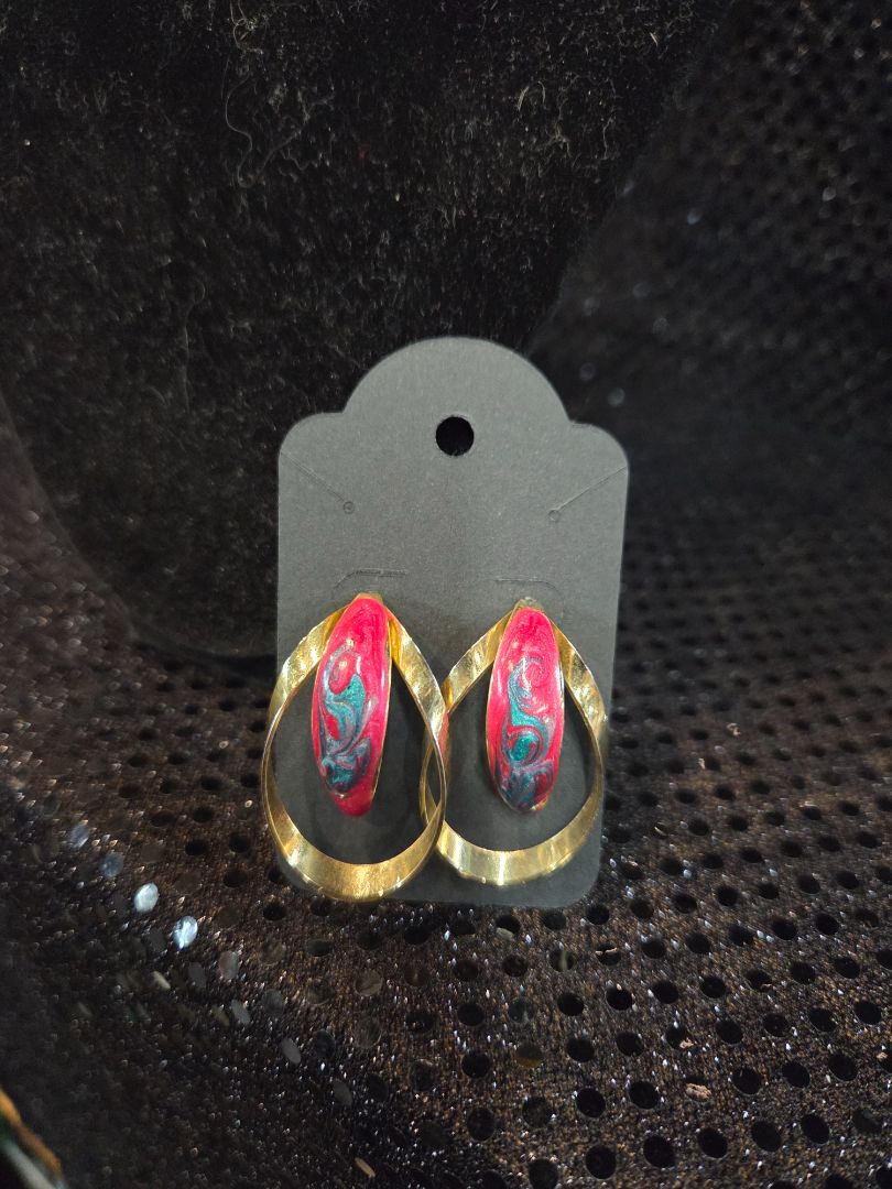 1980's Boho Gold Toned Pink and Blue Stud Earrings