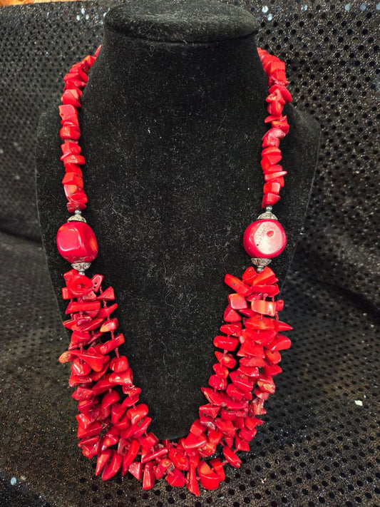 Vintage Multi Strand Red Coral and Silver toggle closure Necklace