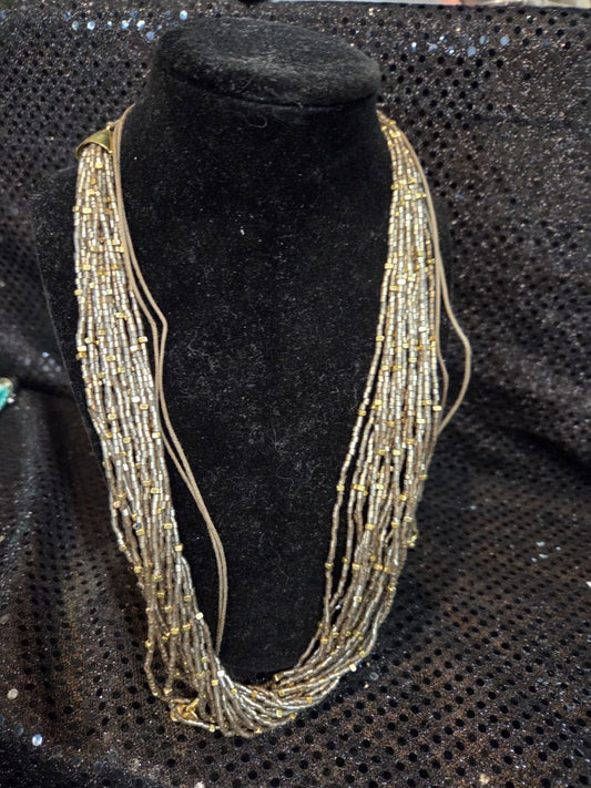 Multi Strand Adjustable Glass Olive Green and Gold Bead Necklace