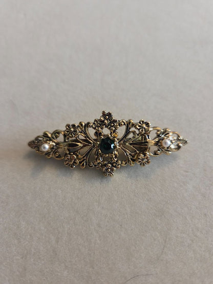 Gerry's gold plated floral bar brooch dark green rhinestone