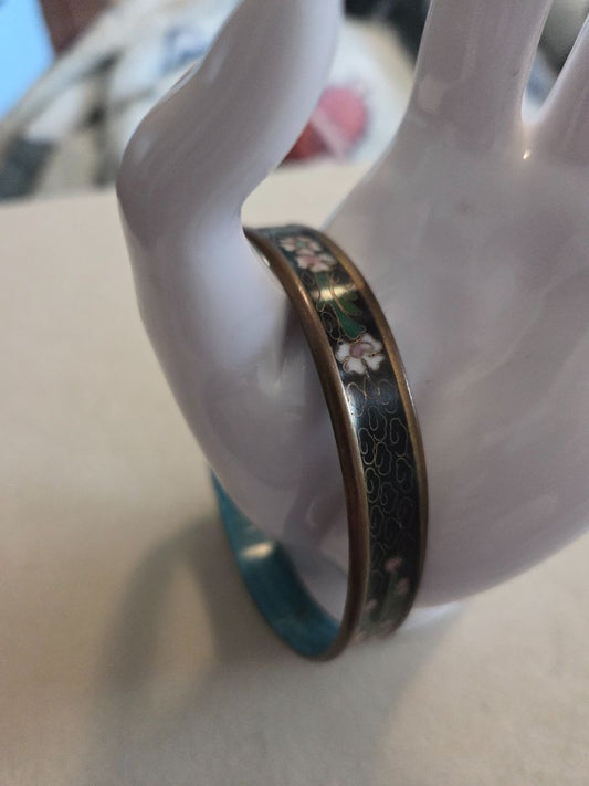Vintage Chinese Cloisonne Enamel Floral Filigree Copper Bangle Bracelet