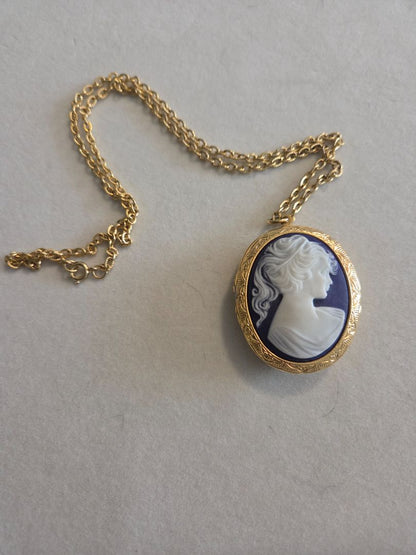 Vintage Cameo Locket Necklace Gold Tone Blue White Victorian Revival 32" Long