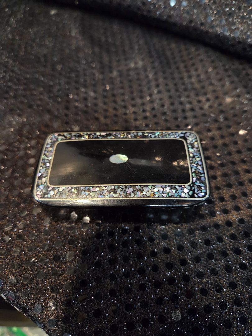 Antique Papier Mache Black Laquer Snuff Box with Mother of Pearl Inlay 19th c