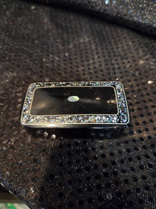 Antique Papier Mache Black Laquer Snuff Box with Mother of Pearl Inlay 19th c