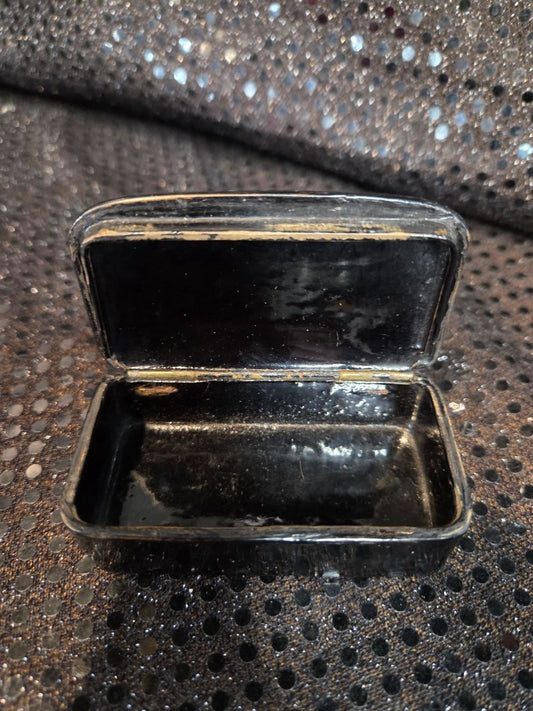 Antique Papier Mache Black Laquer Snuff Box with Mother of Pearl Inlay 19th c