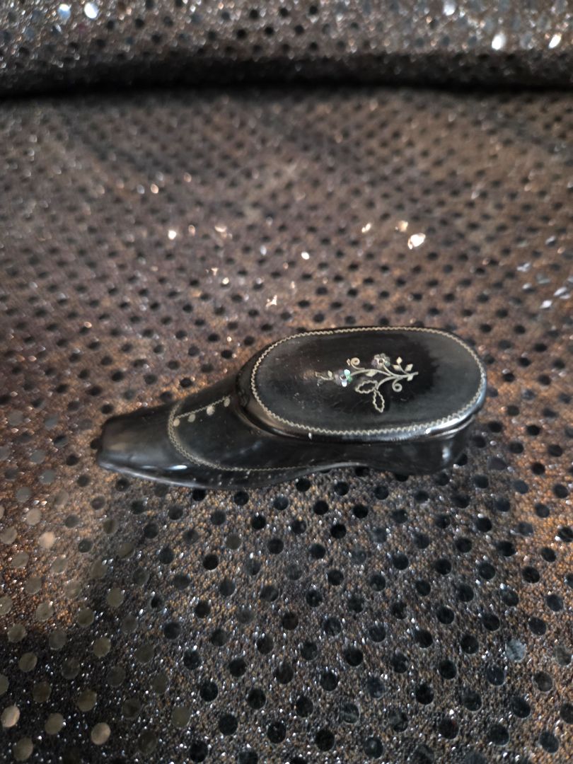 Antiques Victorian Shoe Snuffbox Paper-Mache with Pewter inlay 1860's