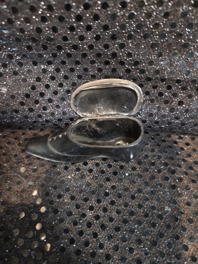 Antiques Victorian Shoe Snuffbox Paper-Mache with Pewter inlay 1860's