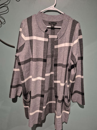 Grey, Black, & White Window Pane Tahari Long Open Front Cardigan Sweater, 2X
