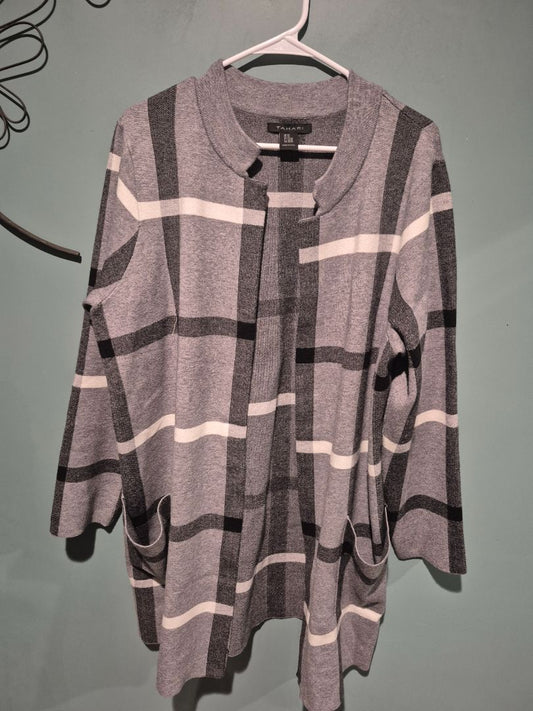 Grey, Black, & White Window Pane Tahari Long Open Front Cardigan Sweater, 2X