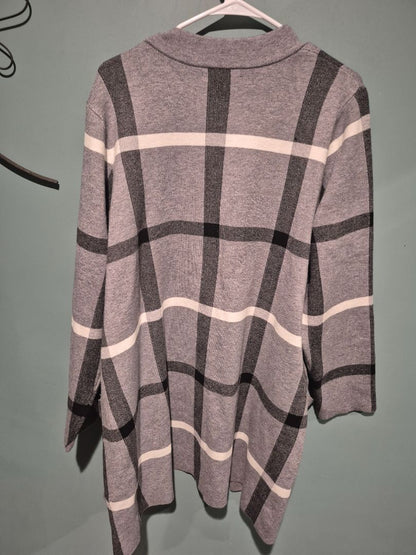 Grey, Black, & White Window Pane Tahari Long Open Front Cardigan Sweater, 2X