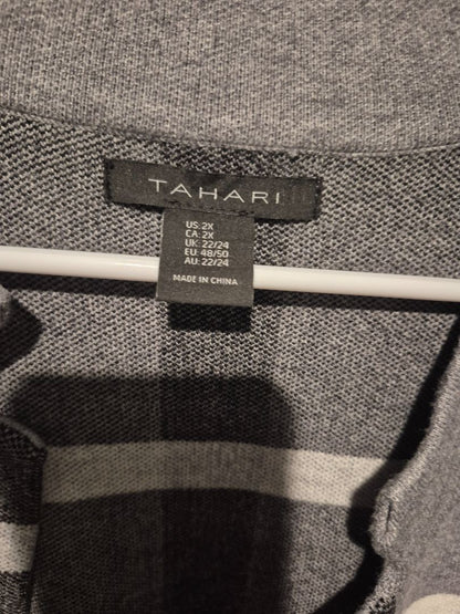 Grey, Black, & White Window Pane Tahari Long Open Front Cardigan Sweater, 2X