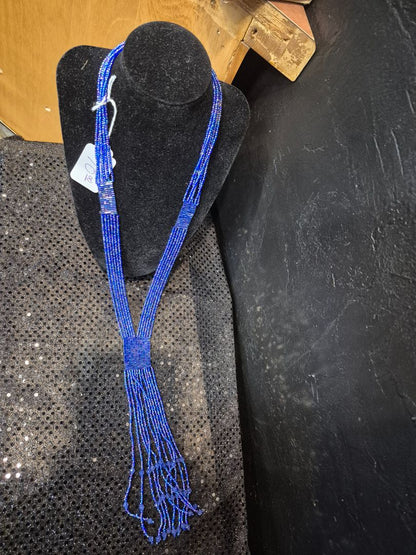 Blue Handmade Seed Bead Necklace, 21"