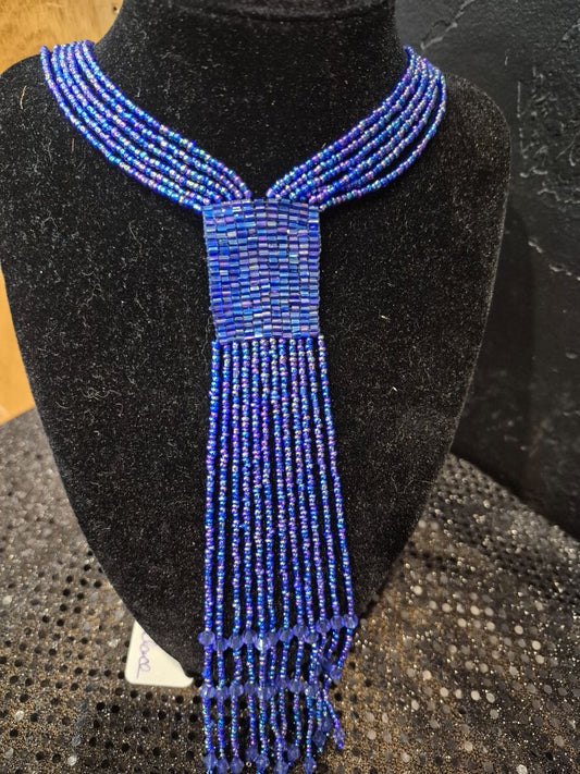 Blue Handmade Seed Bead Necklace, 21"