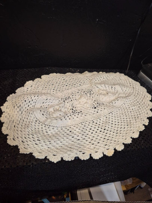 White Handmade Crochet Oval Doily, 15" × 9"
