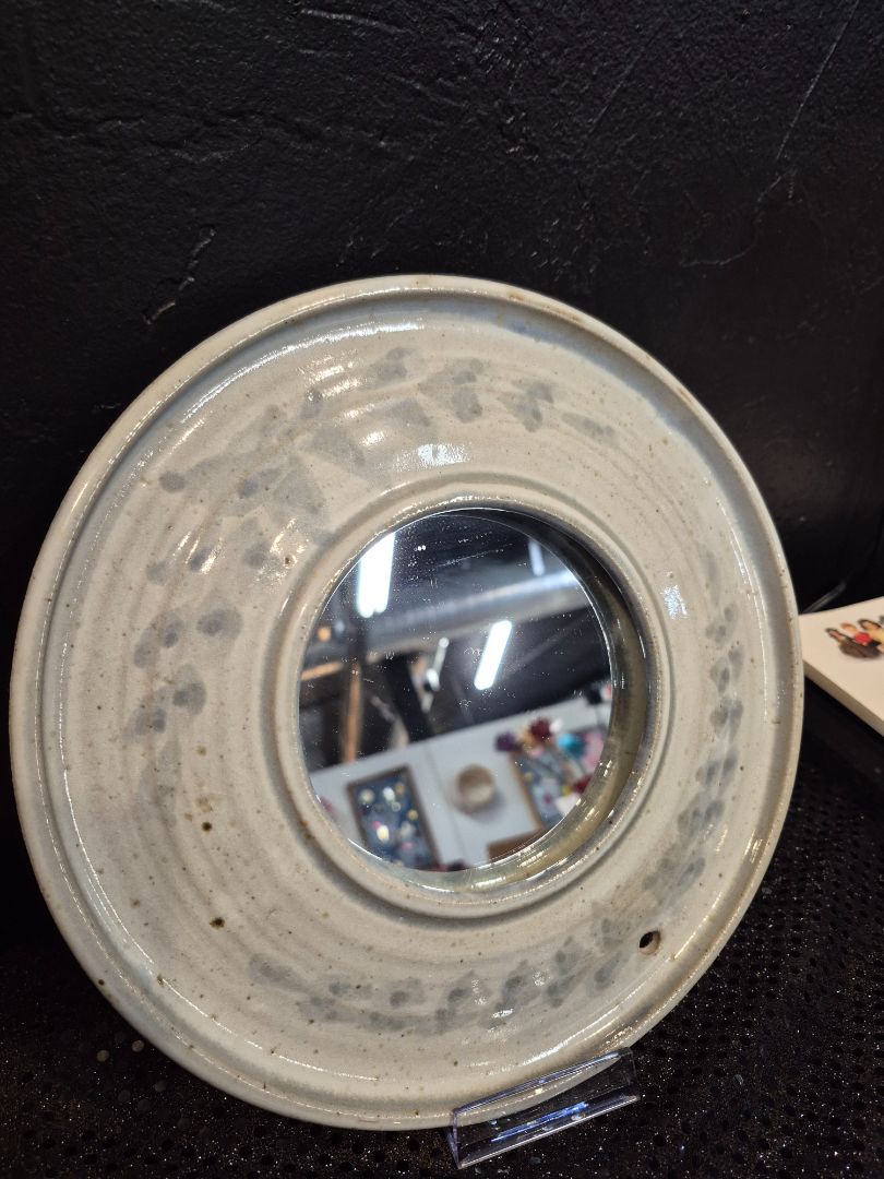 Grey  Pottery Mirror, 10" Frame / 4.5" Mirror