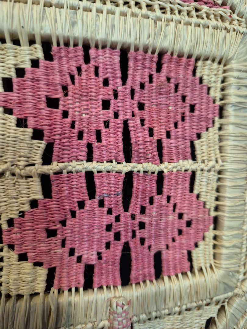 Tan w/Pink Vintage Hand-Woven Fan, 9" × 14"